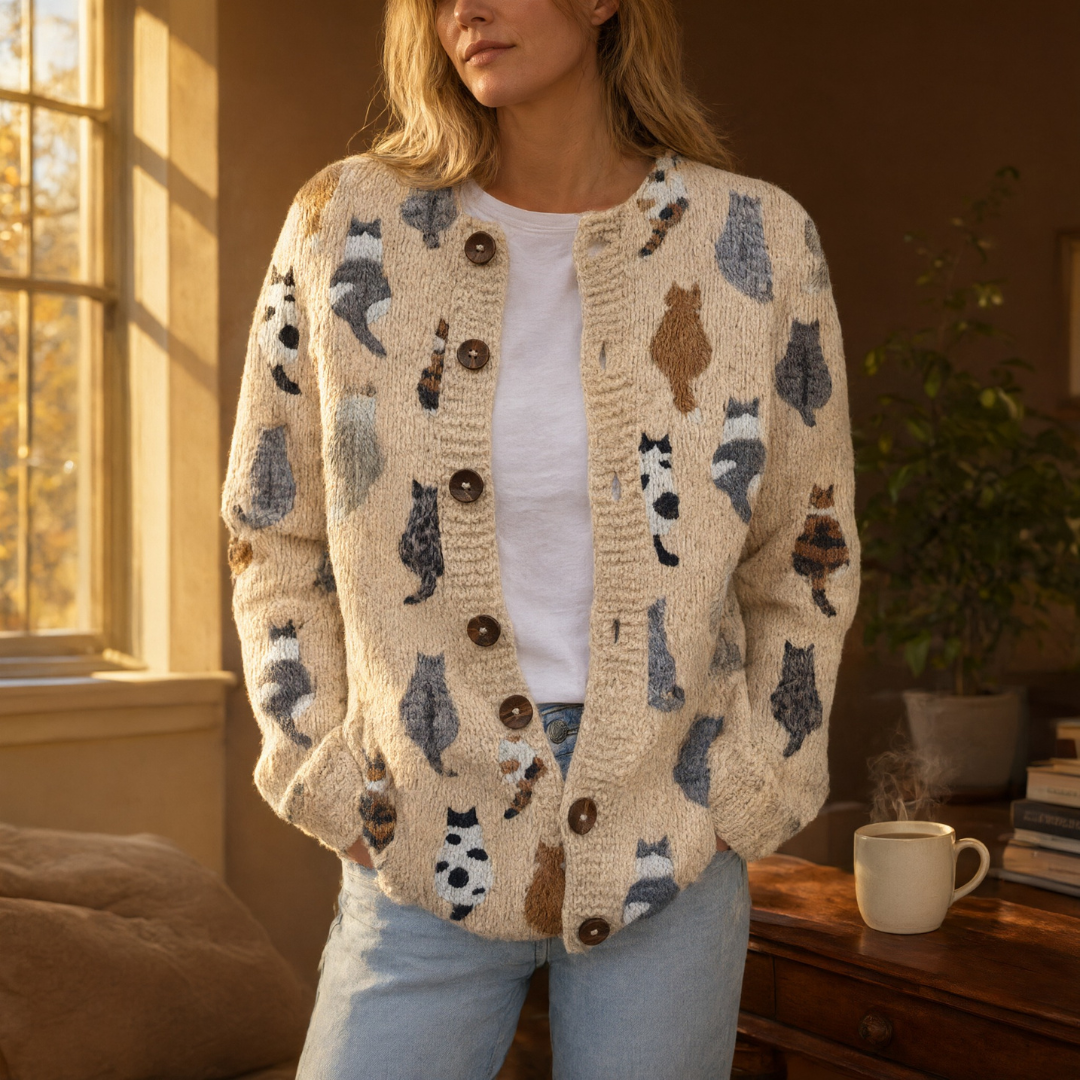 Yvette | Cardigan en maille à motif félin