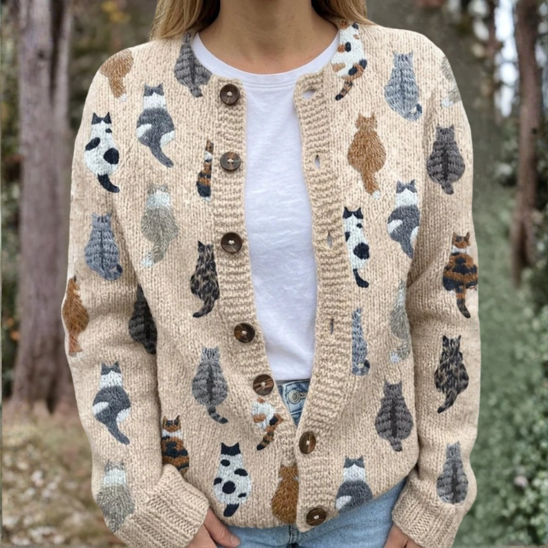 Yvette | Cardigan en maille à motif félin
