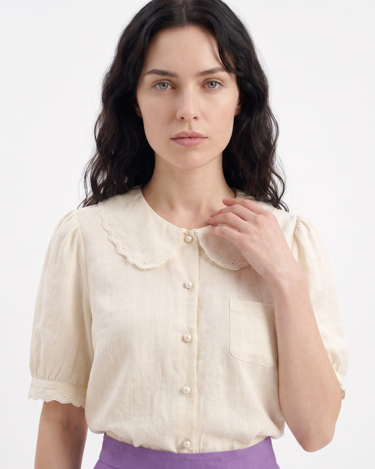Ève | Blouse brodée à bordure dentelle