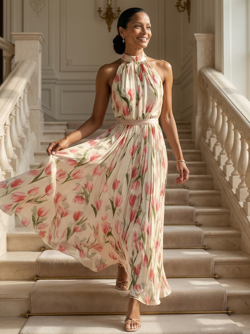 Amélie | Robe Midi à Col Américain à Fleurs Aurelle