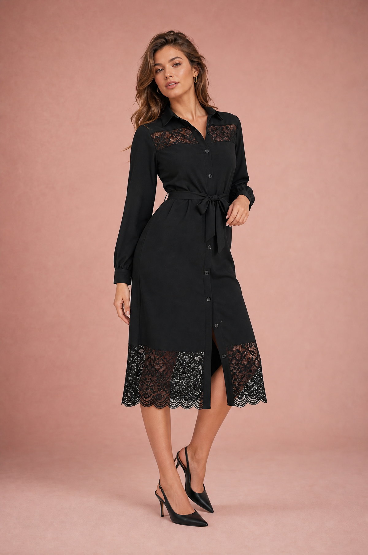 Doris | Robe chemise mi-longue à dentelle