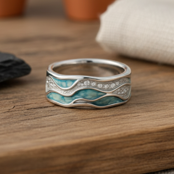 Regina - Bague en argent avec d’élégantes vagues turquoise