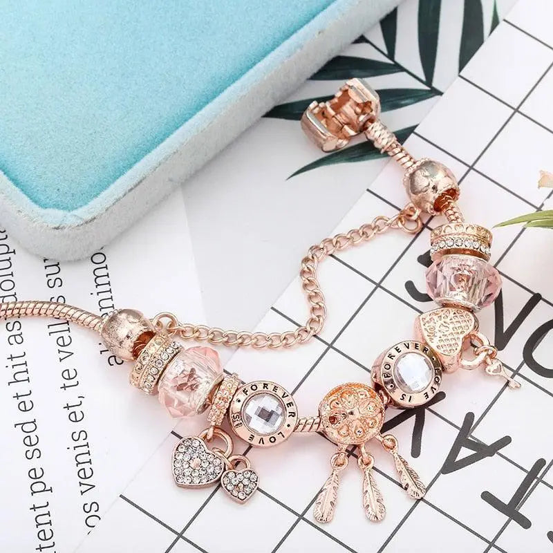 Bracelet Attrape-Rêves Rose avec Breloques en Argent Sterling