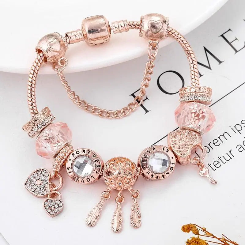 Bracelet Attrape-Rêves Rose avec Breloques en Argent Sterling