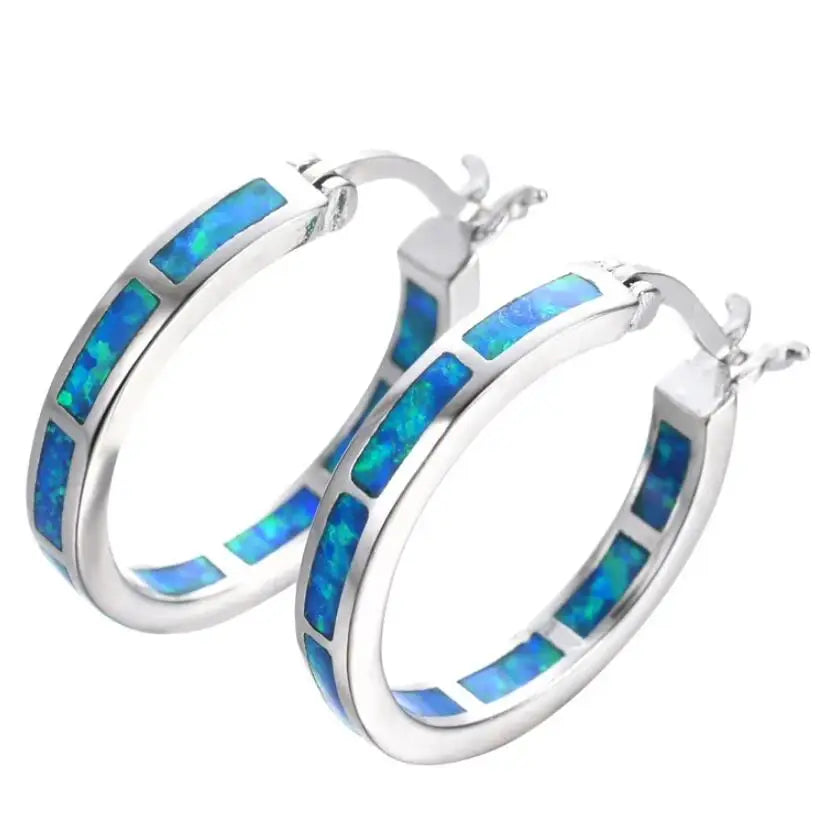 Boucles d'oreilles Chic en Cerceau avec Opale de Feu Bleue