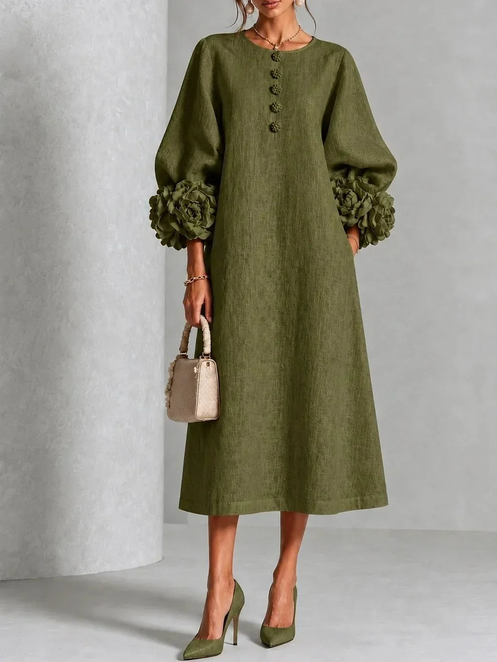 Apolline | Robe midi fleurie Vert Militaire