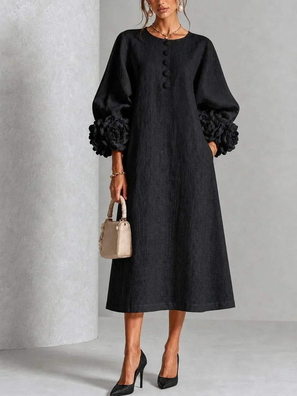 Apolline | Robe midi fleurie Noir