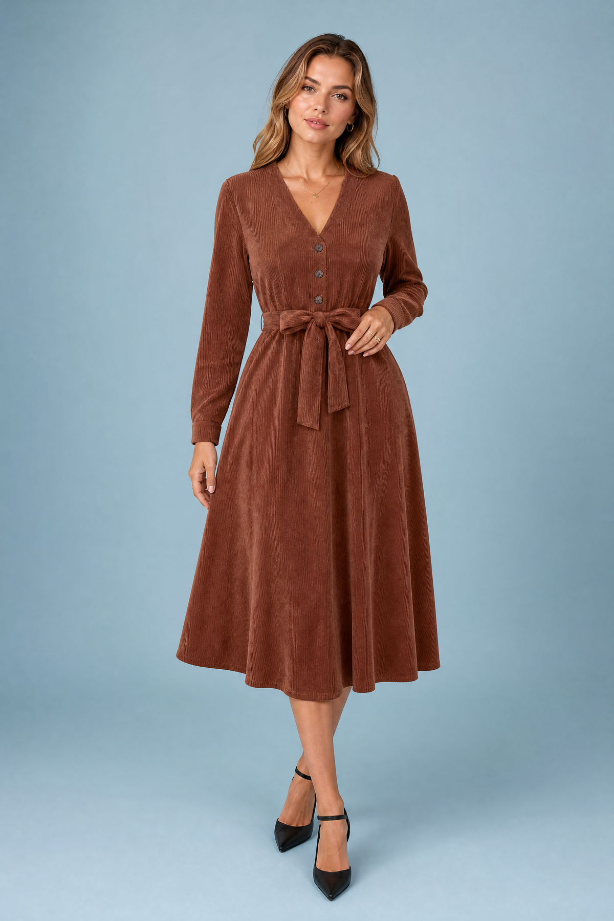 Denise | Robe mi-longue en velours côtelé