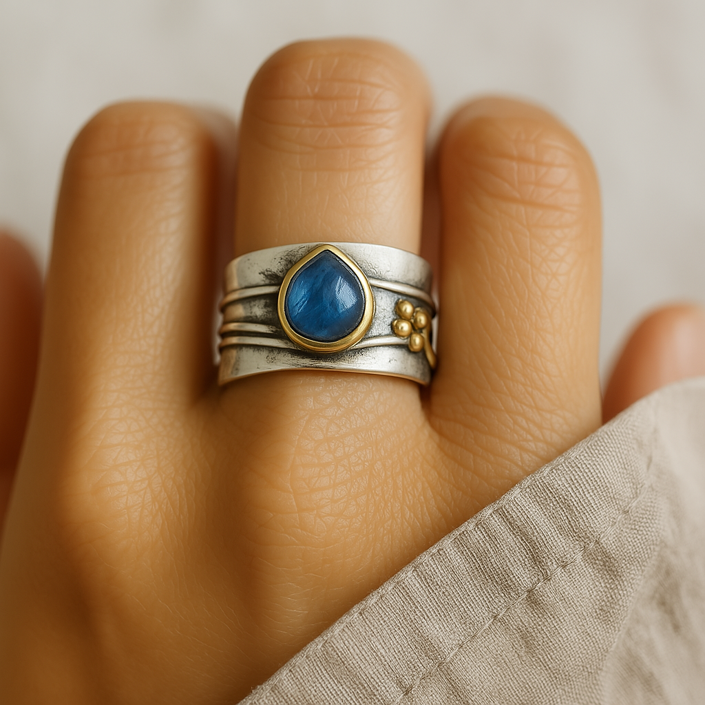 Inés - Élégante bague vintage en argent plaqué or ornée d’un saphir bleu