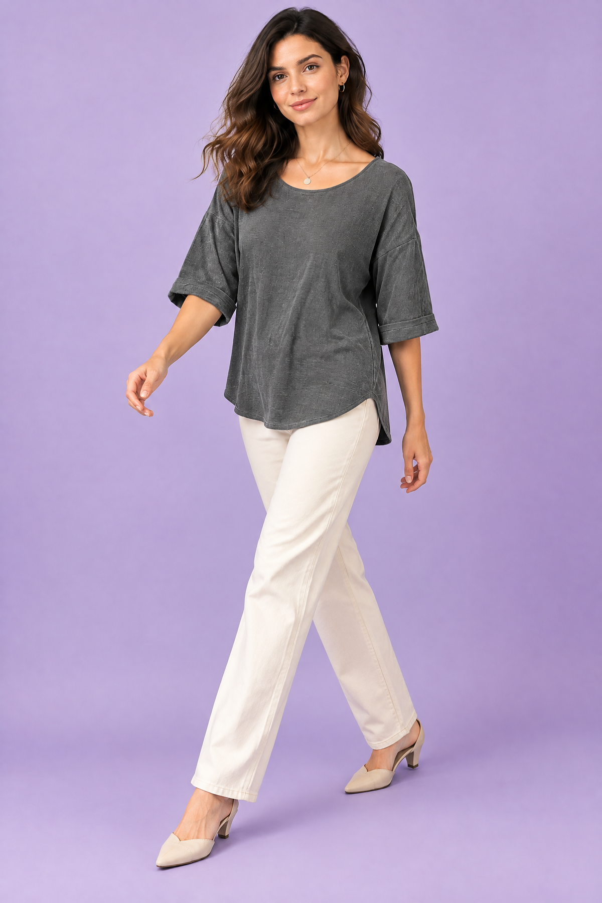 Faustine | T-shirt texturé manches trois-quarts