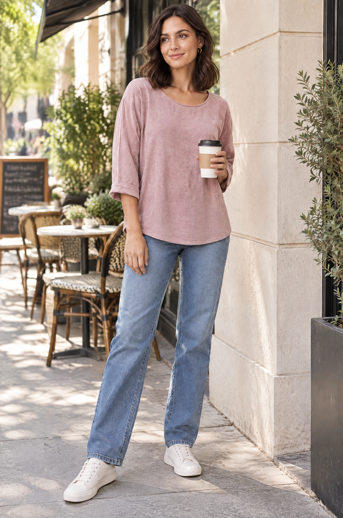 Faustine | T-shirt texturé manches trois-quarts